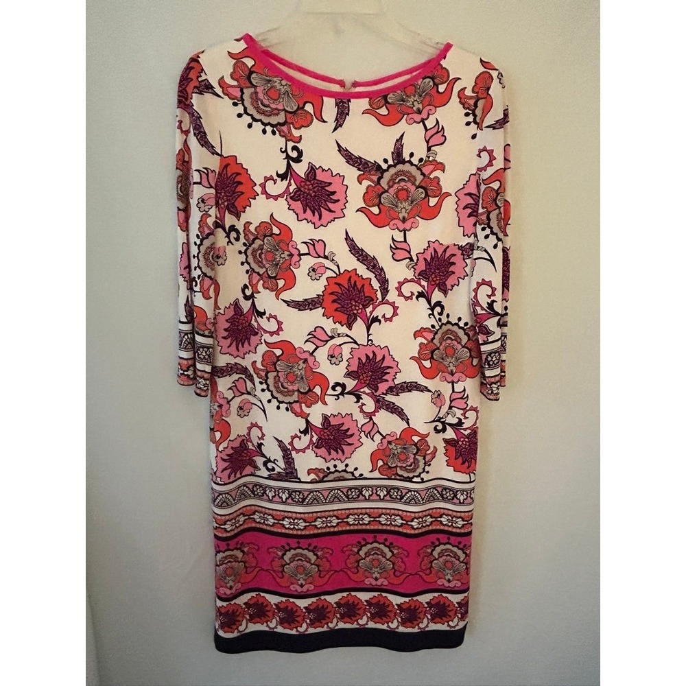 Chico's Pink Orange Floral Paisley Medallion Shift Dress 3/4 Sleeve Size 0 Small